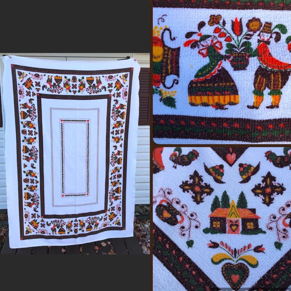 Vintage 1960’s Pennsylvania Dutch folk art terry cloth rectangular tablecloth